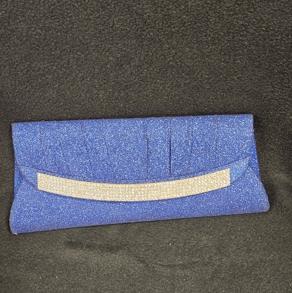 Glittery blue clutch / shoulder bag with silver accent in front & gold hardware